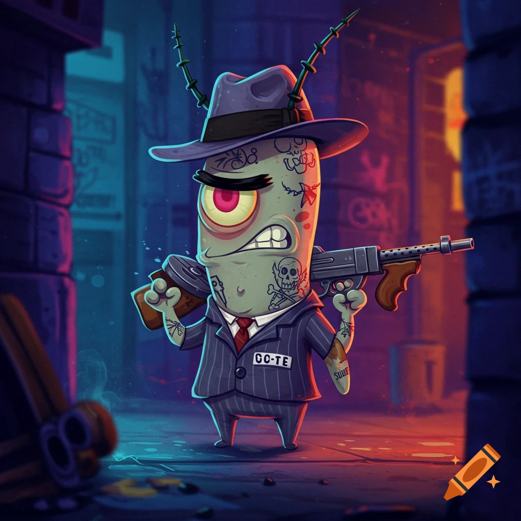 Plankton from Spongebob Squarepants depicted as a gangster in a suit and fedora, holding a gun, with tattoos, digital art