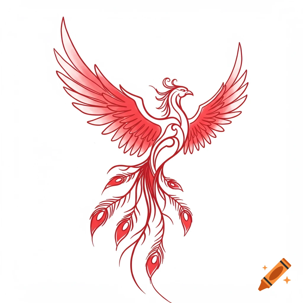 A red stylized phoenix illustration with spread wings on a white background.