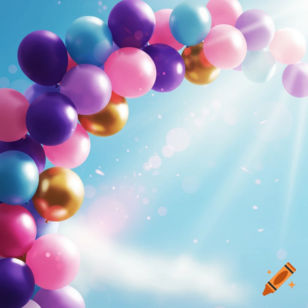 A colorful balloon arch against a bright blue sky with sunlight.