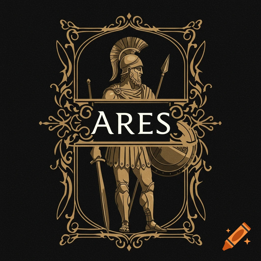 Stylized logo of Ares, the Greek god of war, holding a spear and shield, centered in an elaborate gold frame with the text "ARES" across the middle.