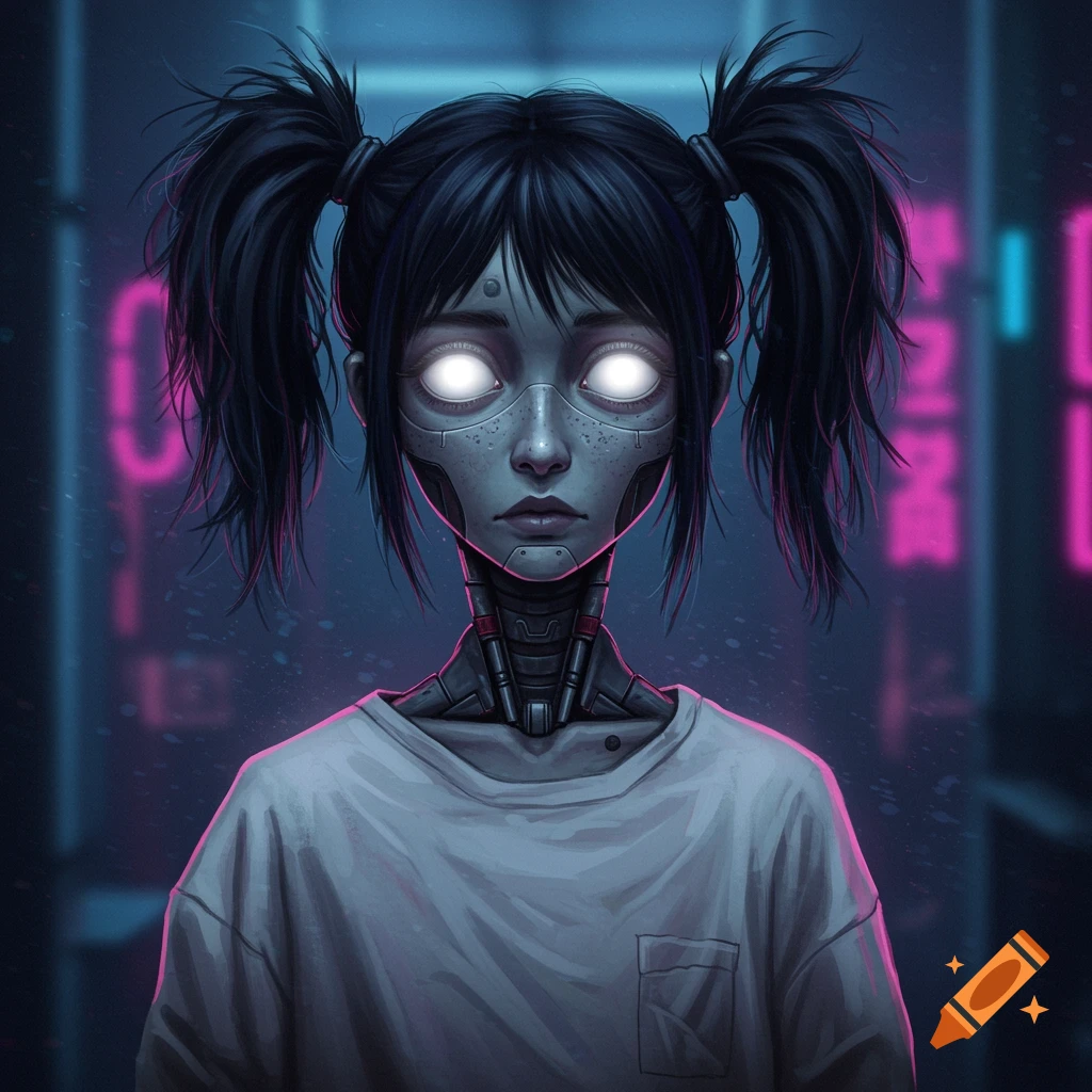 Image of a cyberpunk robot girl with glowing eyes and pigtails wearing an oversized shirt.