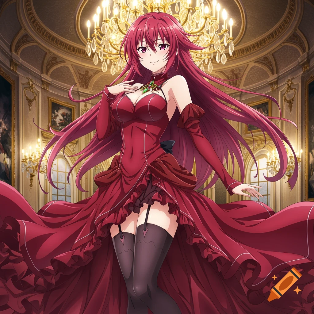 Anime character with long red hair in a red dress standing in a grand room.