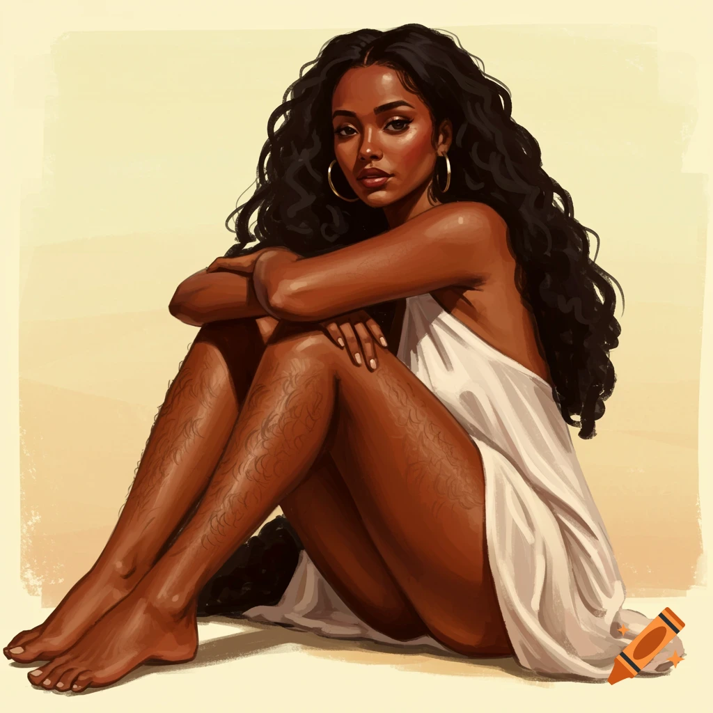 Painting of a woman sitting, wrapped in white cloth, featuring body hair, looking at the viewer.