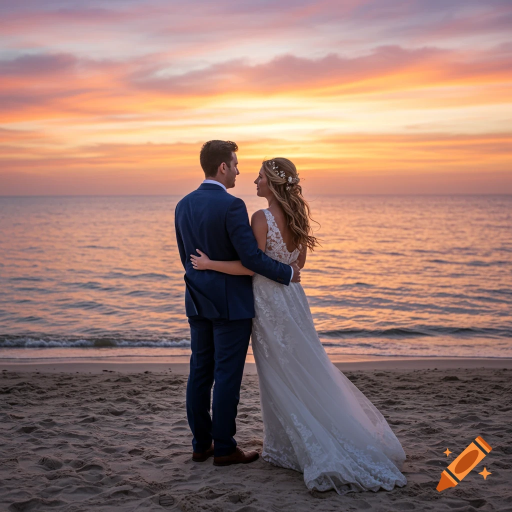 Bride and groom embrace on a sandy beach looking at a colorful sunset over the ocean.