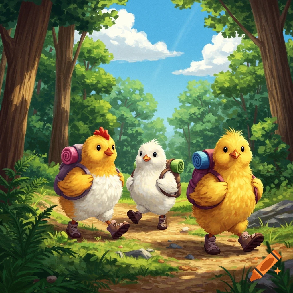 Three adorable chicks wearing backpacks and boots hike through a sunny forest.