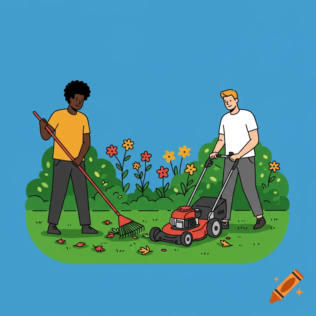 Vector illustration of two men, one raking leaves and one mowing the lawn in a garden.