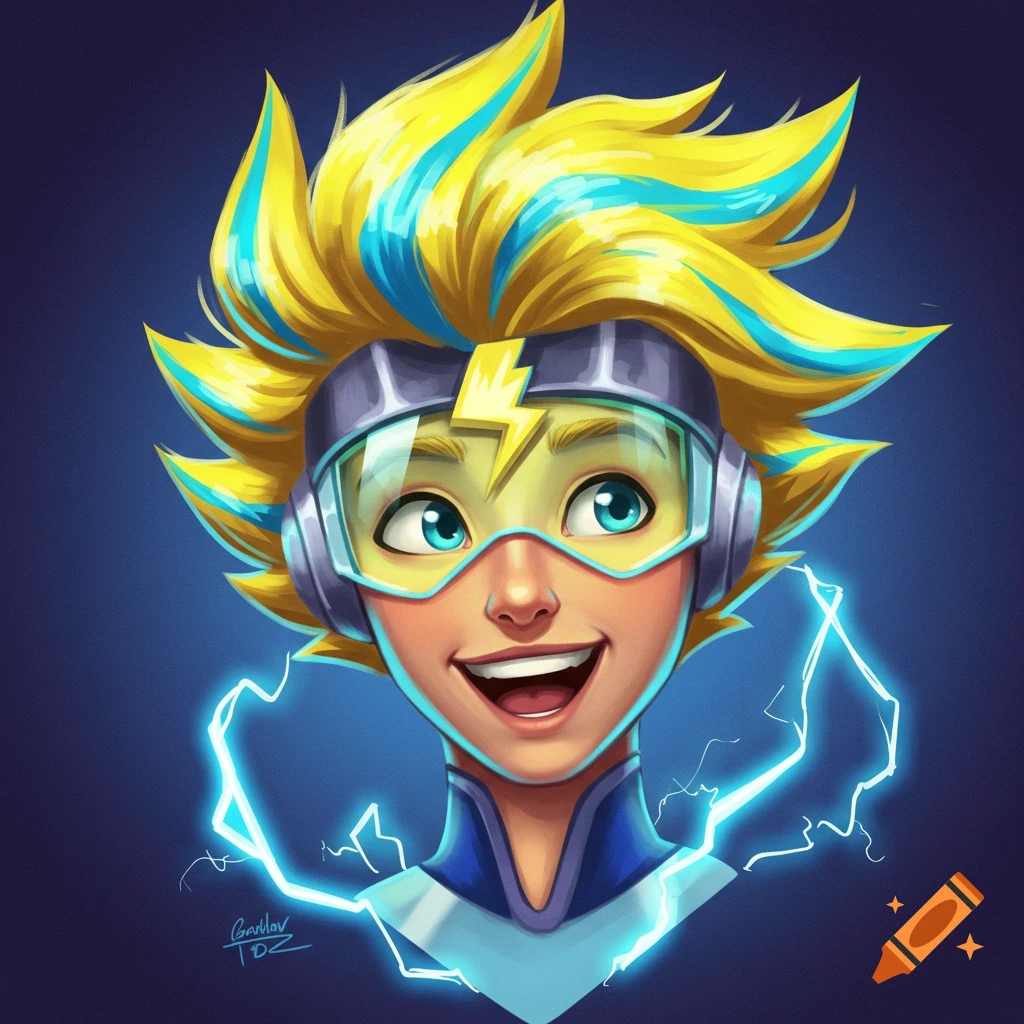 Cartoon boy with spiky yellow and blue hair, goggles, and lightning effects.
