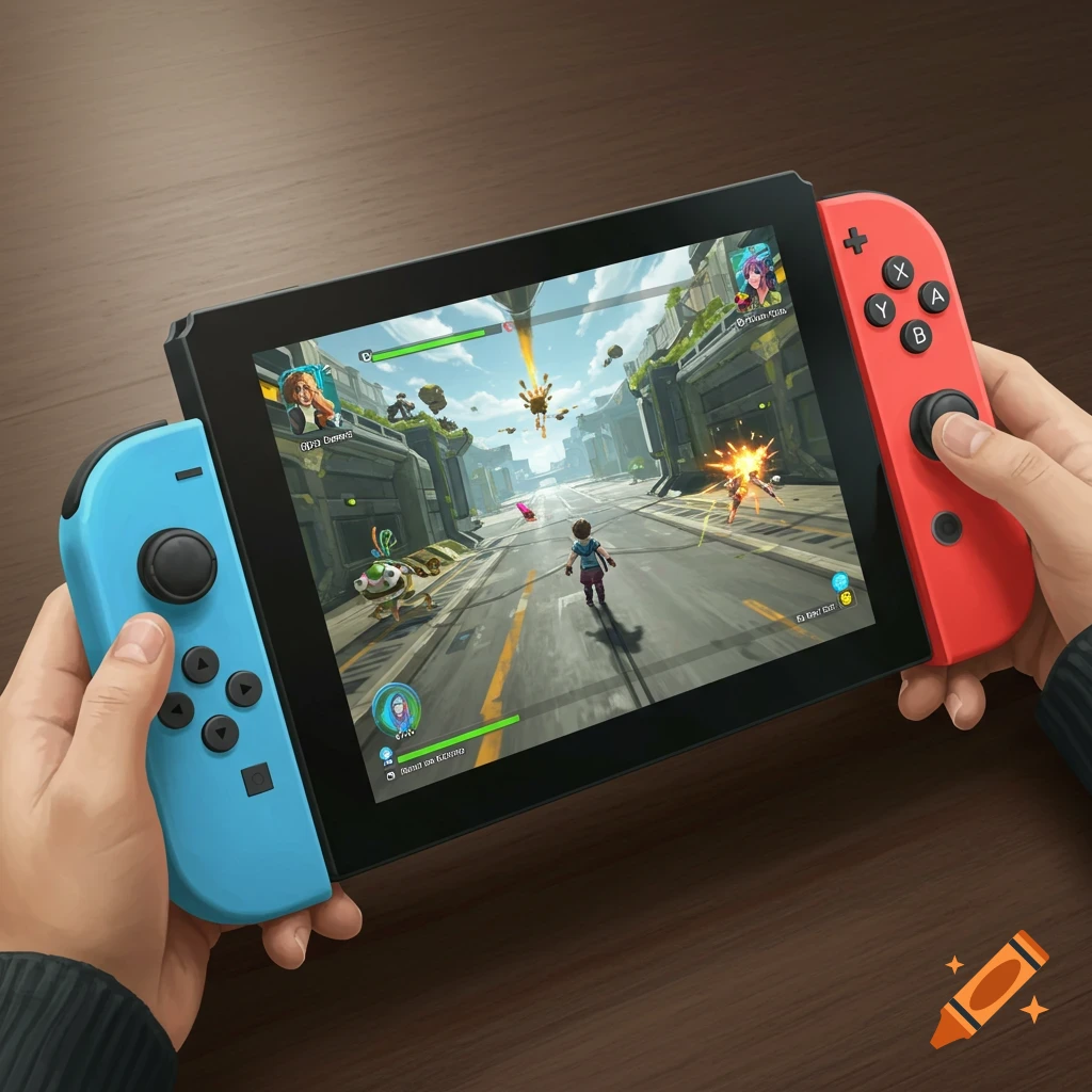 Hands holding a Nintendo Switch console playing a colorful video game.