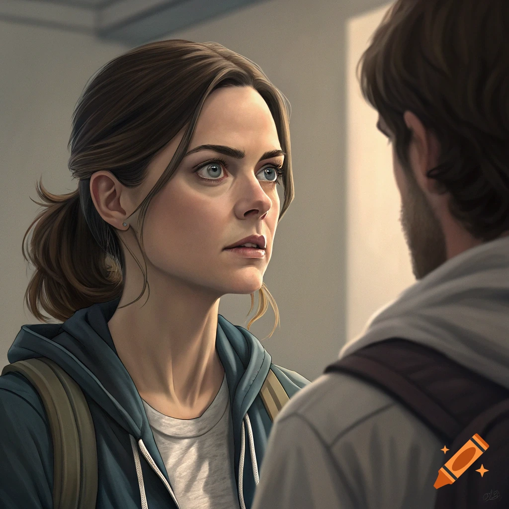 Realistic art of a woman with a ponytail and backpack looking intently at someone