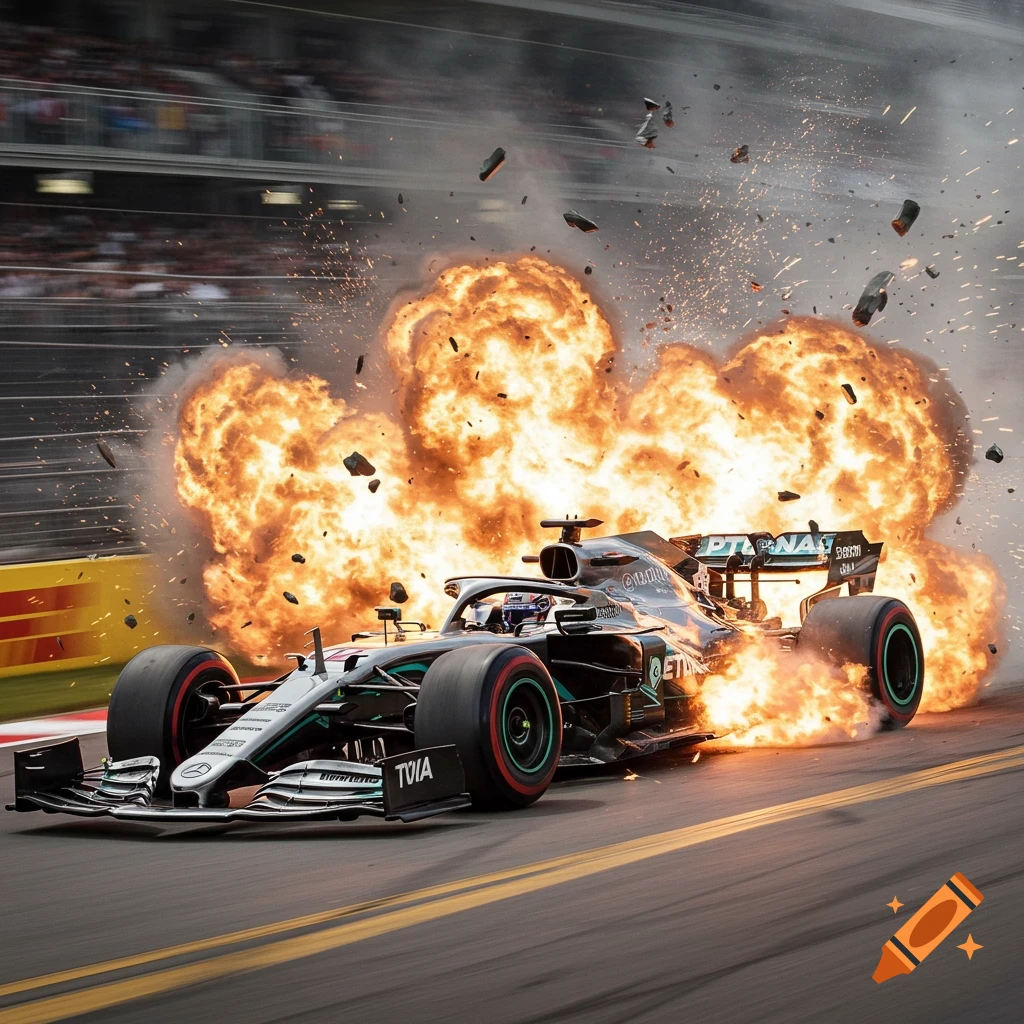 A photorealistic image of a Formula 1 car engulfed in a massive explosion on a racetrack.