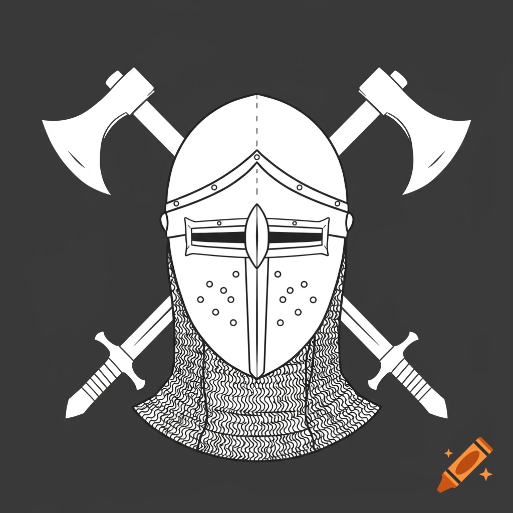 Black and white illustration of a medieval helmet with crossed axes and swords.