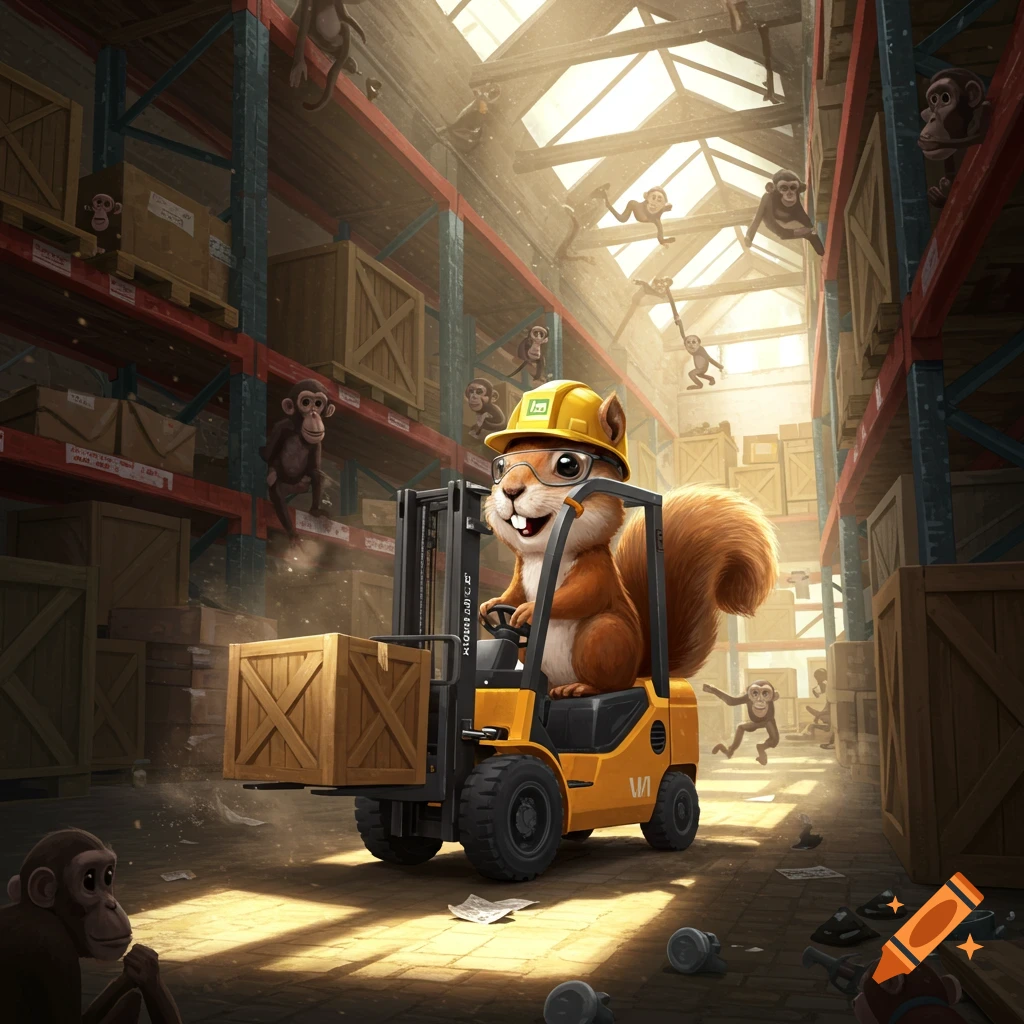 A cartoon squirrel drives a forklift in a warehouse filled with monkeys climbing on shelves.