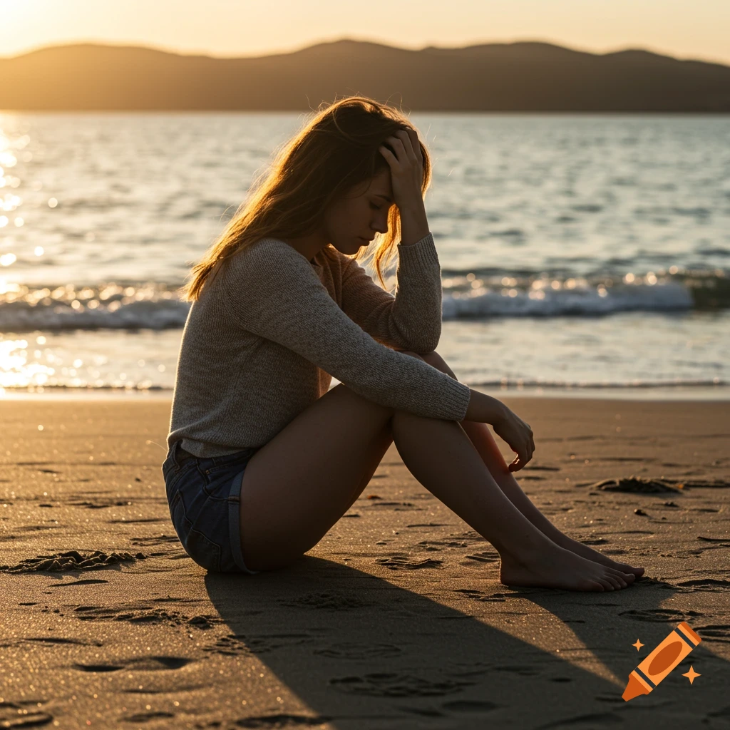 A woman sits sadly on a beach at sunset with her hand on her head. Photorealistic style.