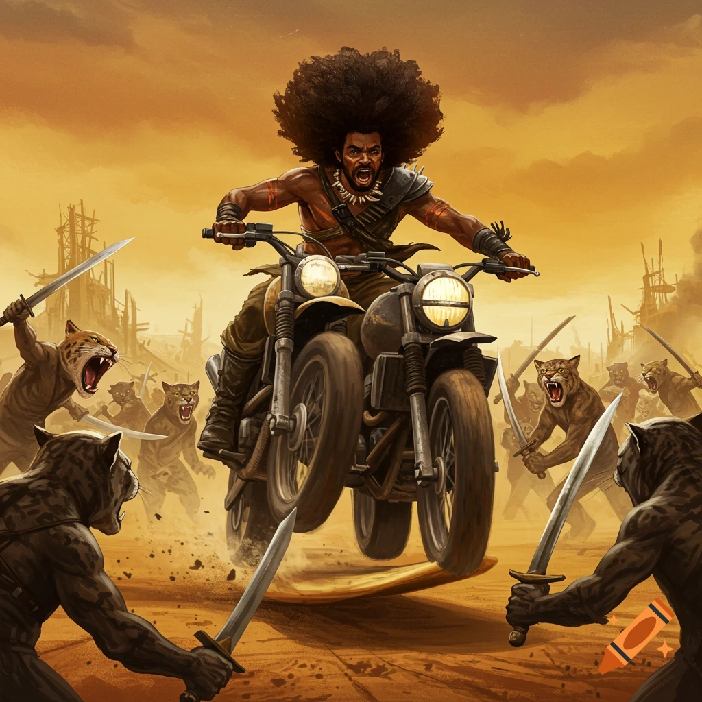 A person with afro riding motorcycles, jumping in a post-apocalyptic desert and surrounded by sword-wielding cats.