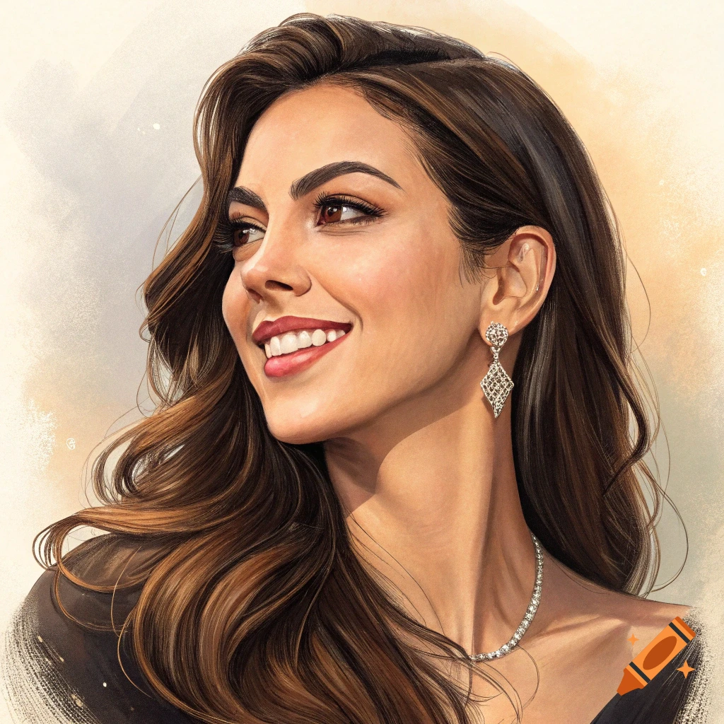 Painting of a smiling woman with long brown hair, wearing diamond earrings and a necklace, looking away.