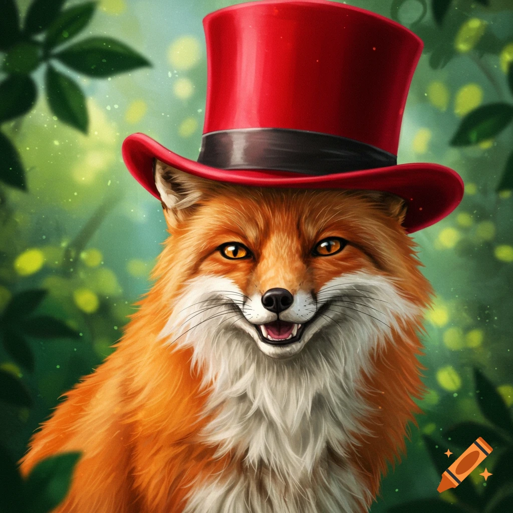 a fox wearing a red top hat in a forest clearing