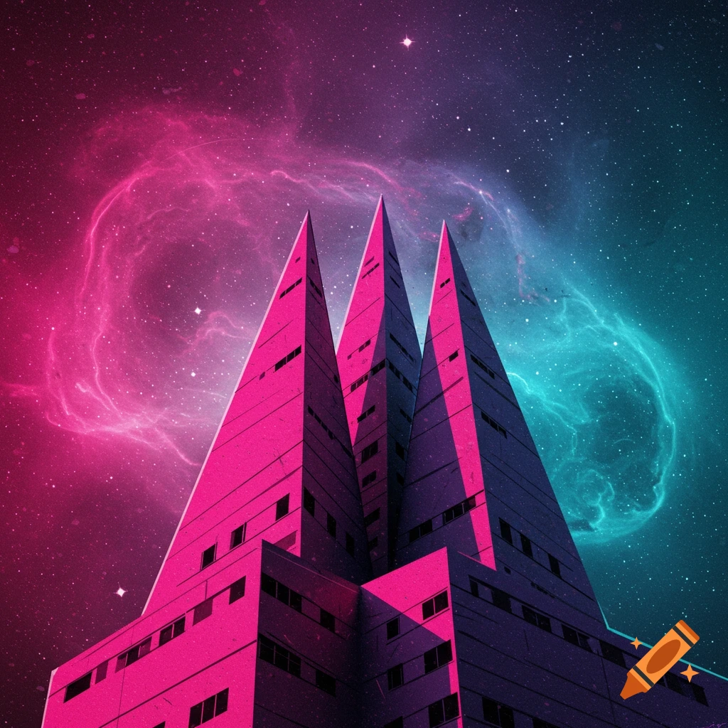Three angular pink buildings against a vibrant pink and blue space nebula background.