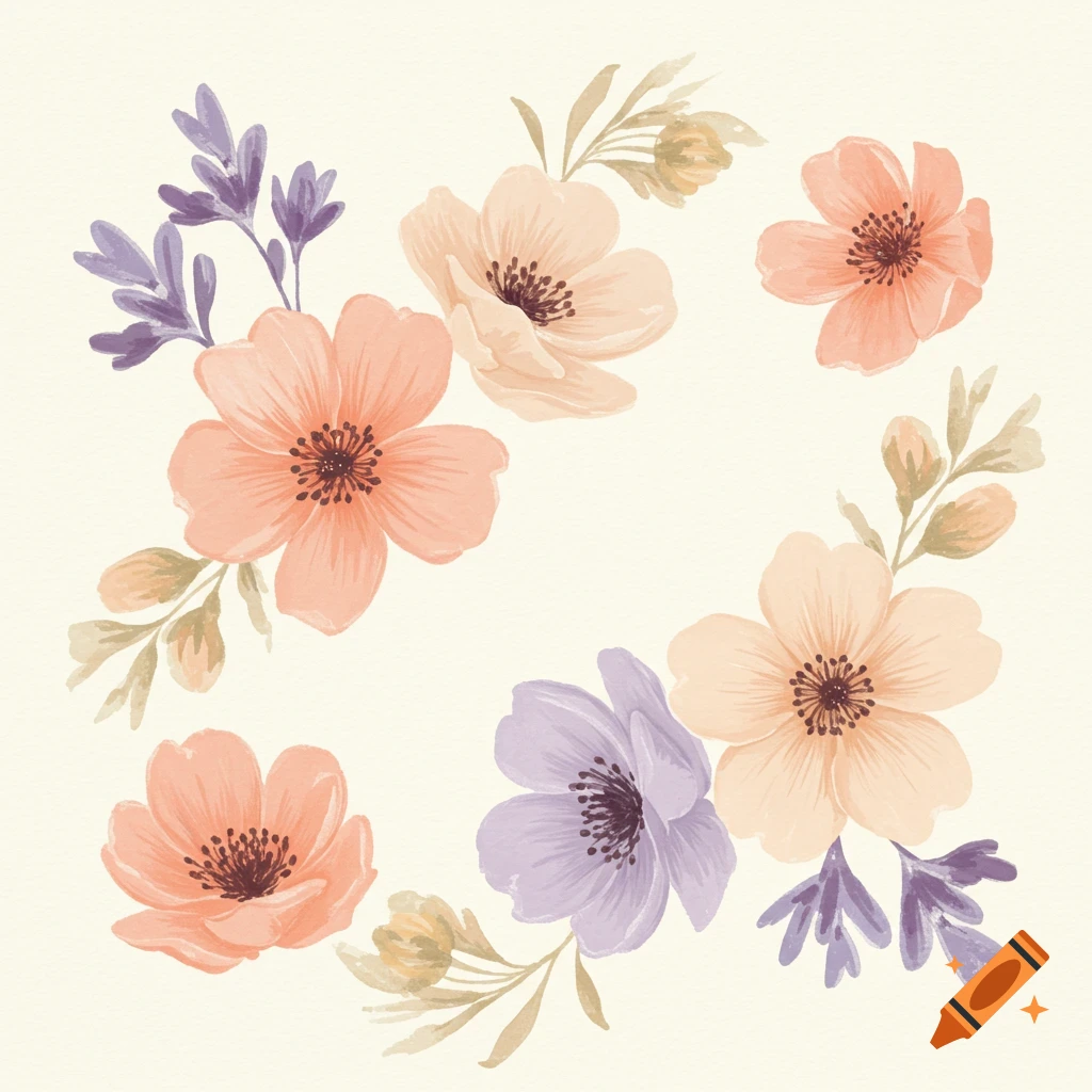 Watercolor illustration of pastel pink, orange, and purple flowers with leaves