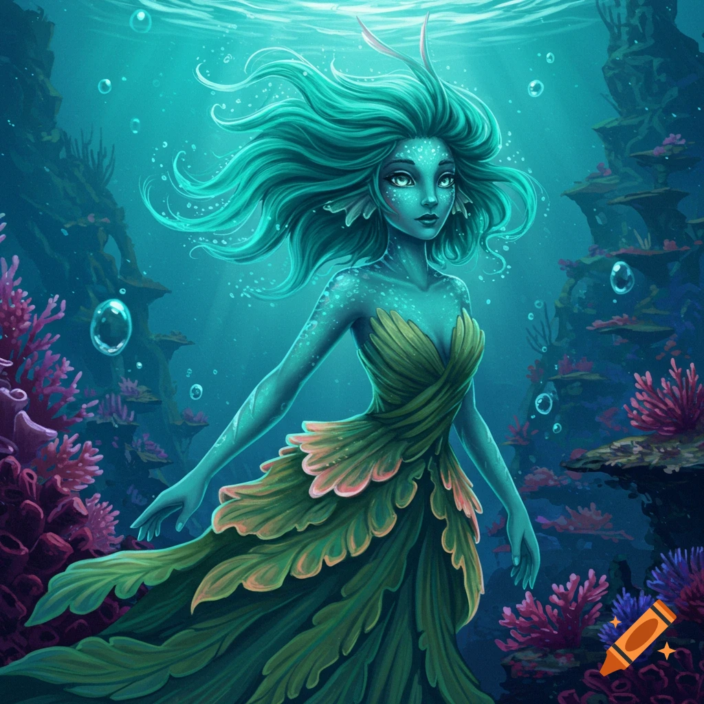 A mermaid with flowing hair is depicted underwater among coral.