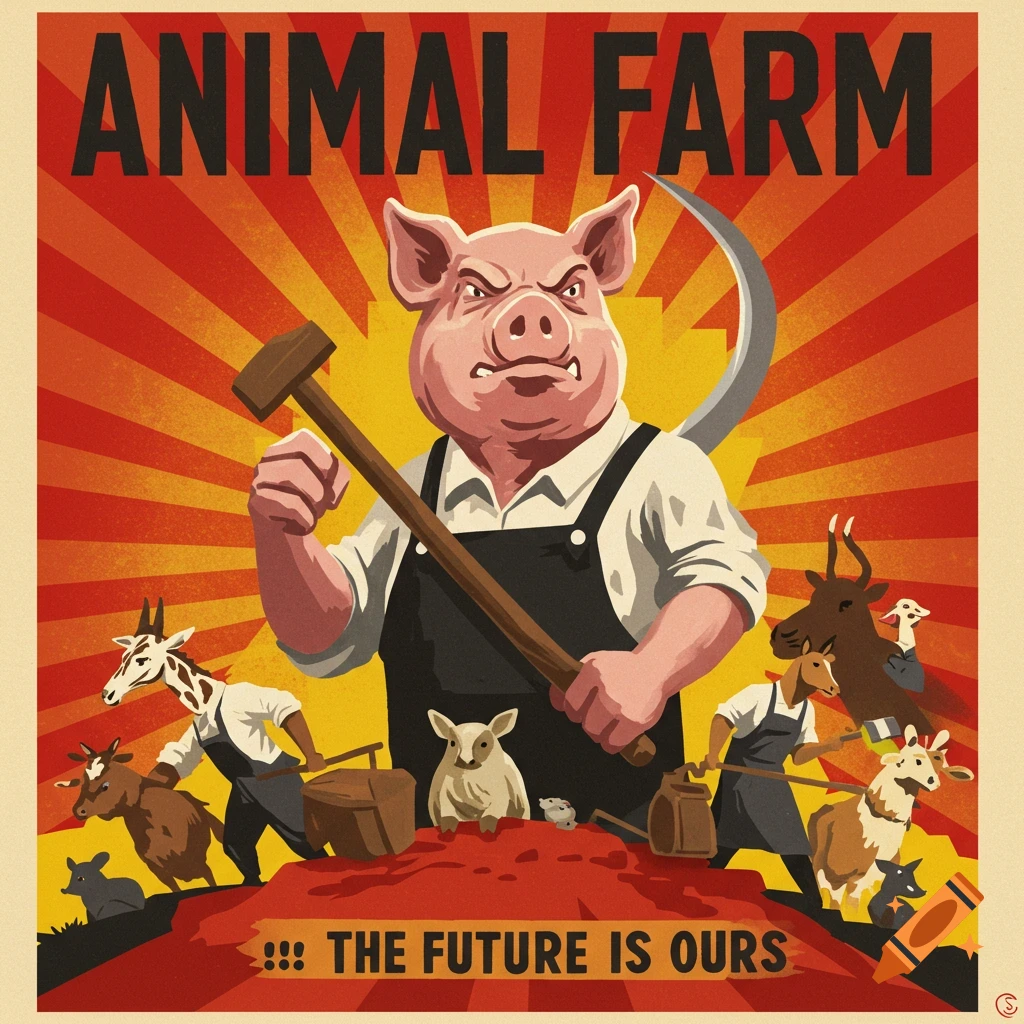 An animal farm propaganda poster depicting a pig holding a hammer and sickle.
