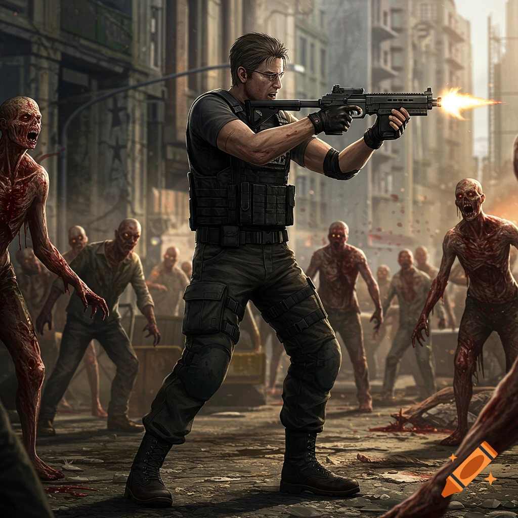 A man in tactical gear shoots a rifle at a horde of zombies in a ruined city street.