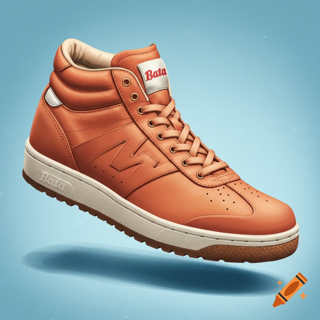 An orange high-top sneaker on a blue background.