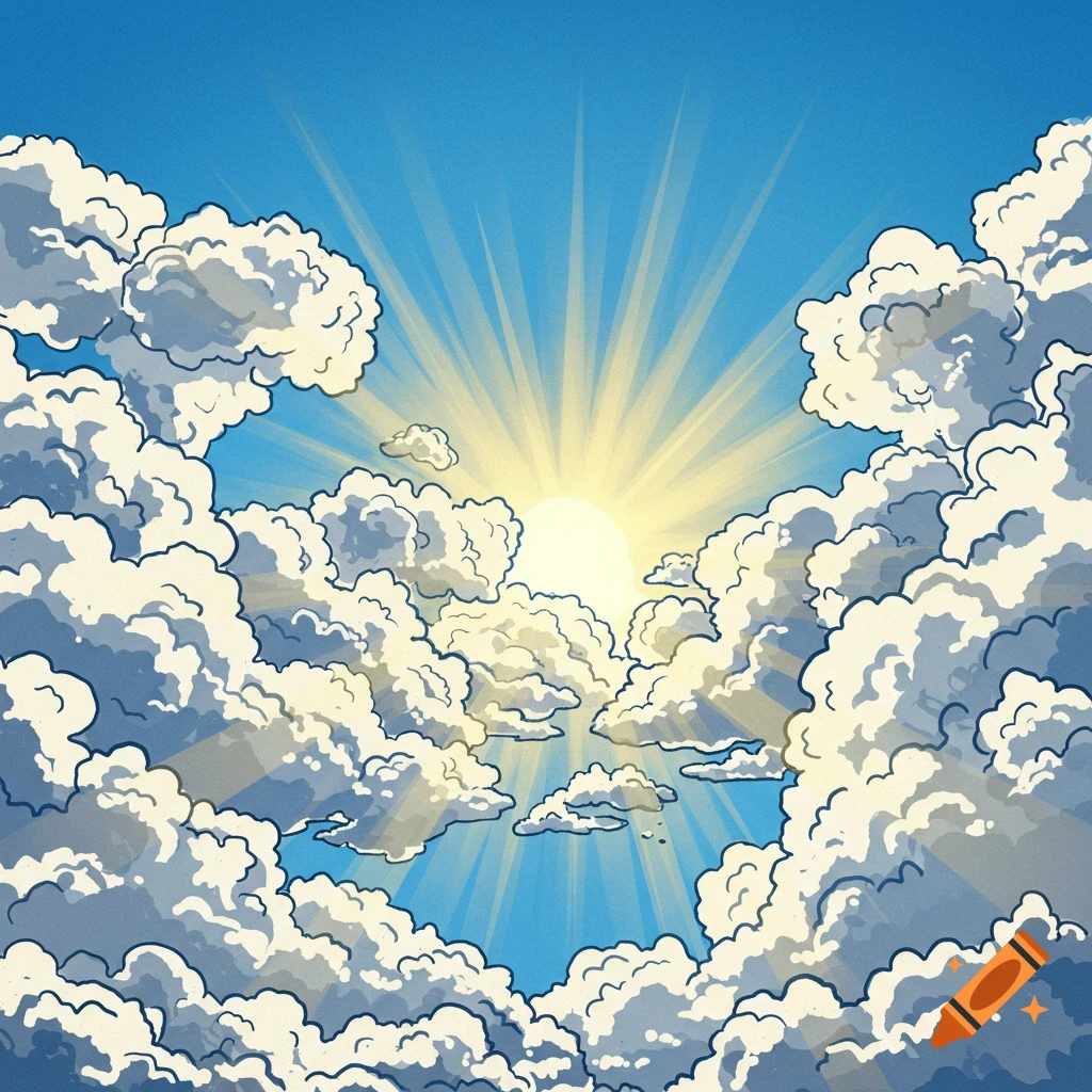 Sun shining through clouds in a comic book style.