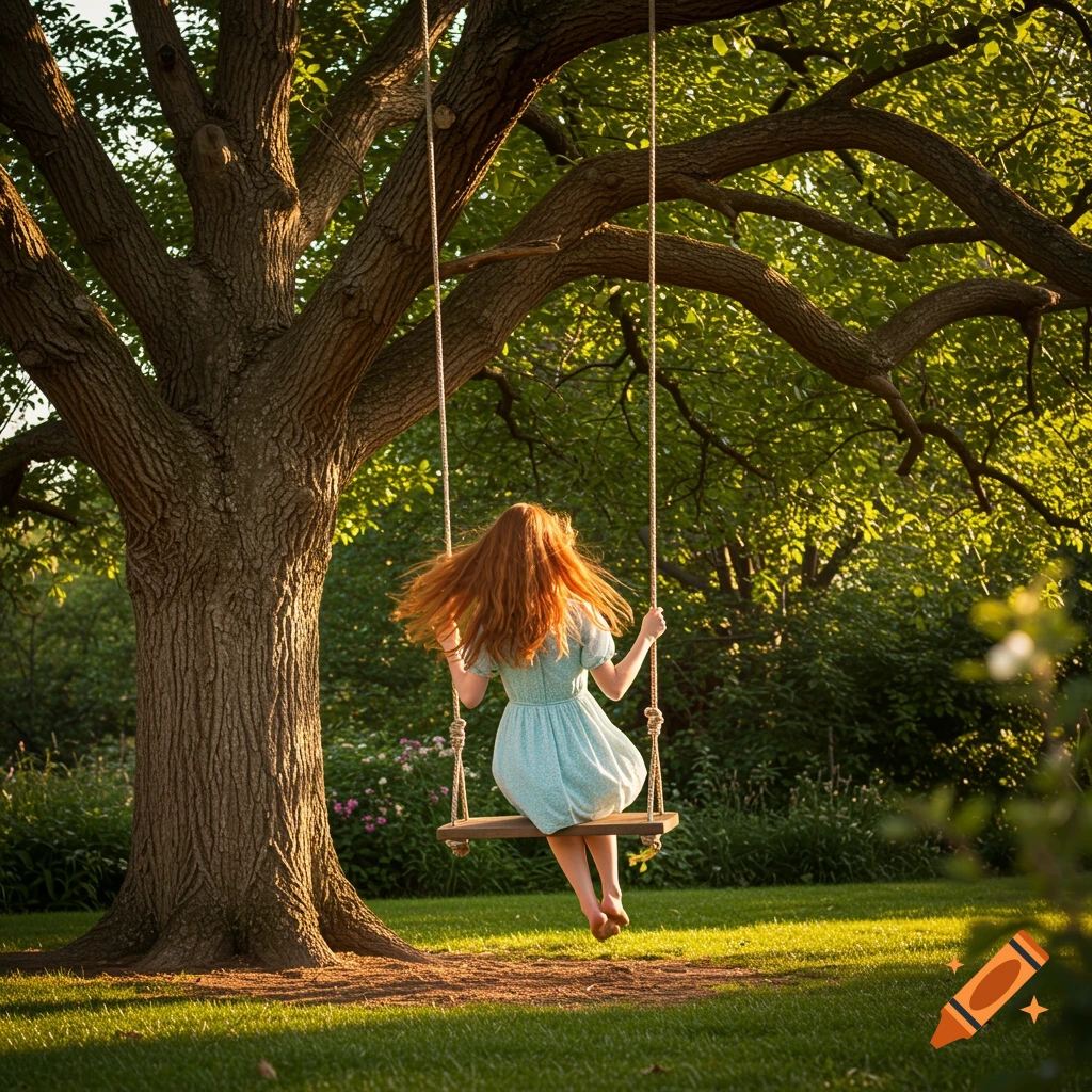A young woman with long red hair on a swing under a large tree in a sunny garden.