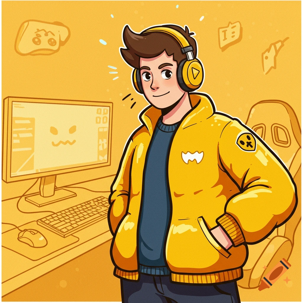 Cartoon drawing of a gamer in yellow jacket and headphones next to a computer, yellow theme.