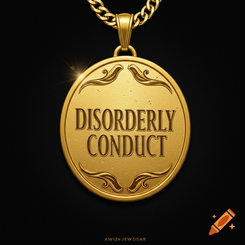 A close-up image of a gold medallion on a chain with the text 'DISORDERLY CONDUCT' embossed.