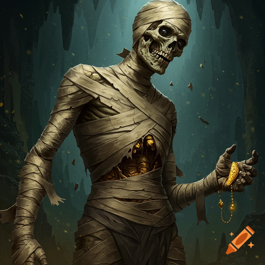 A mummy holding a golden artifact in a dark cave.