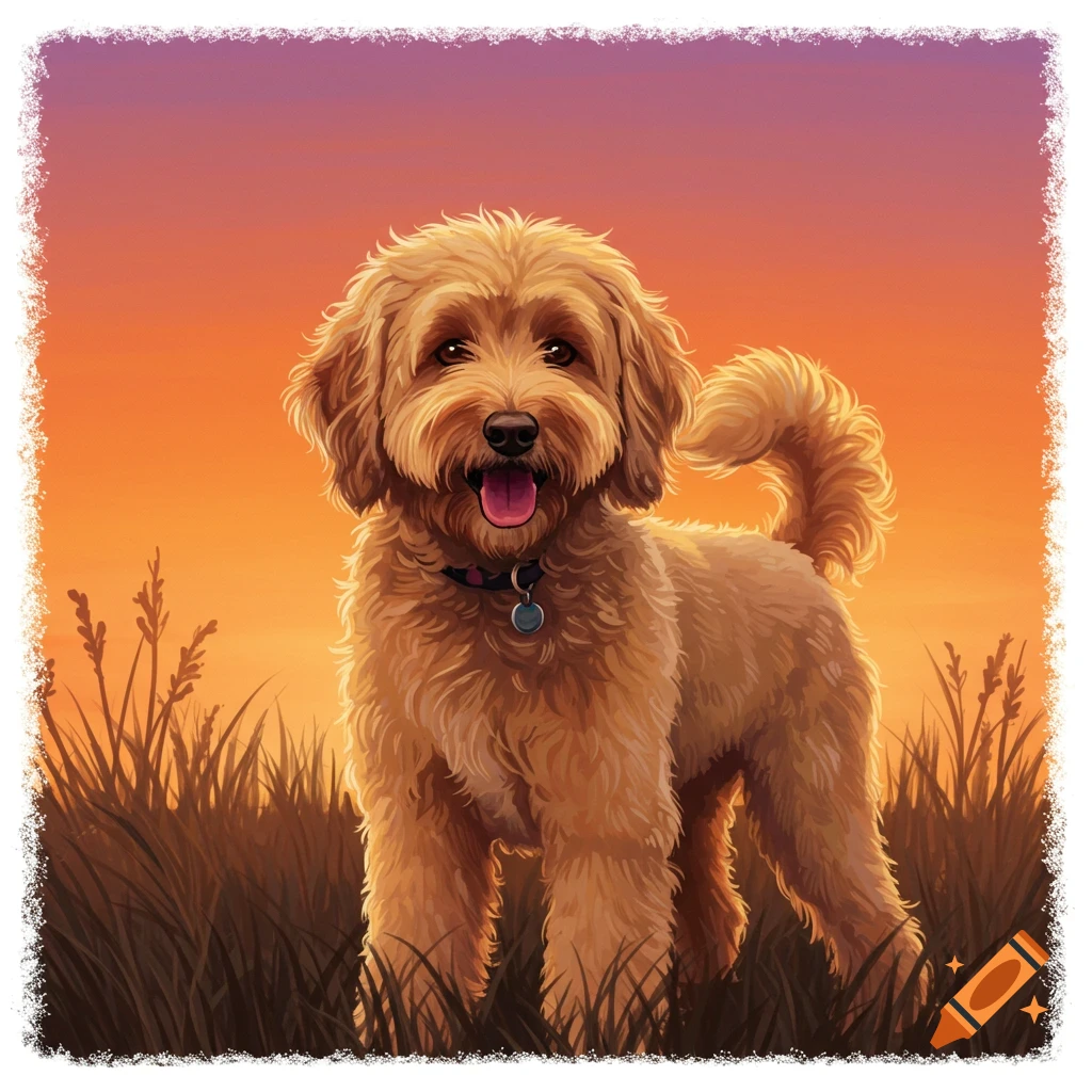 A Goldendoodle dog stands in tall grass at sunset.