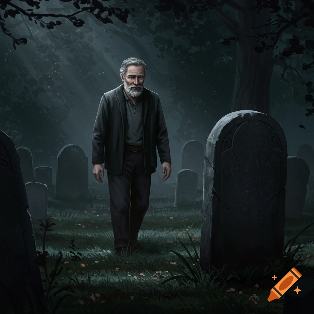 An older man walks through a dark graveyard past gravestones.