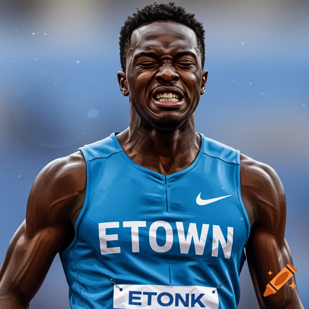 An athlete in a blue jersey with ETOWN on it, grimacing with effort during a race.