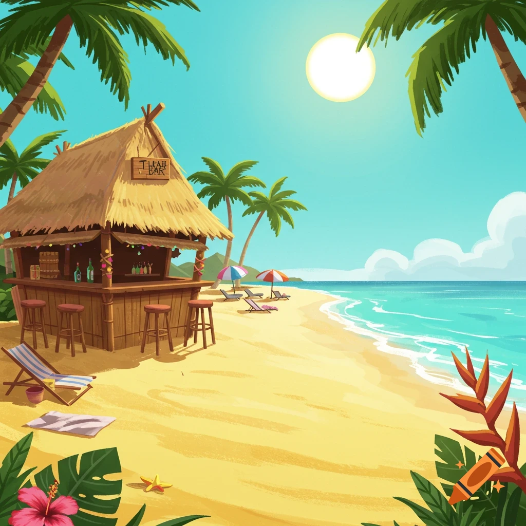 A tiki bar on a sunny tropical beach with palm trees.