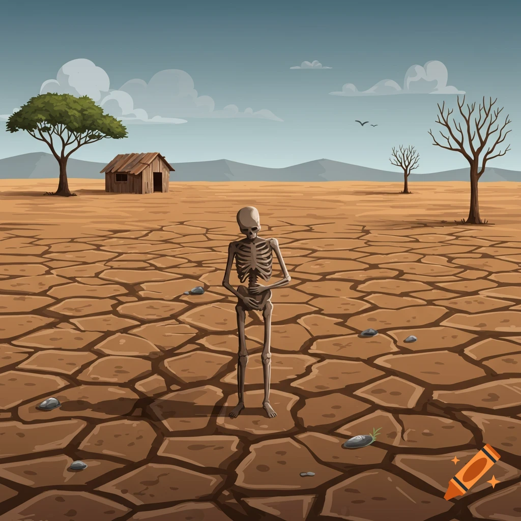 Vector illustration of a skeleton standing in a cracked, dry desert landscape with a small house and trees.