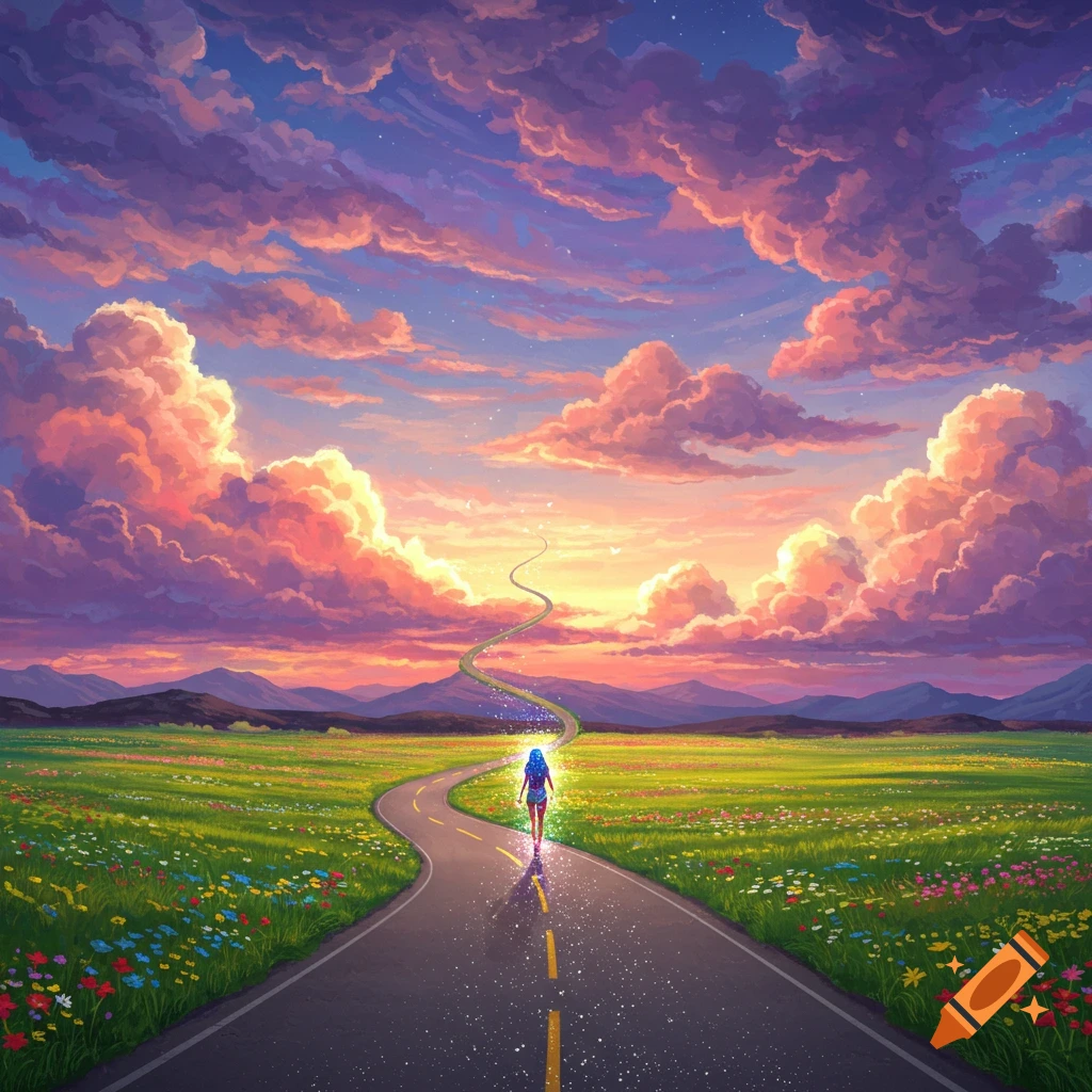 A figure walks on a winding road through a flower field towards a sunset under dramatic, colorful clouds.