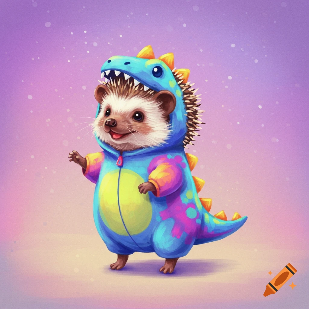 A cute hedgehog wears a blue dinosaur costume against a purple background.