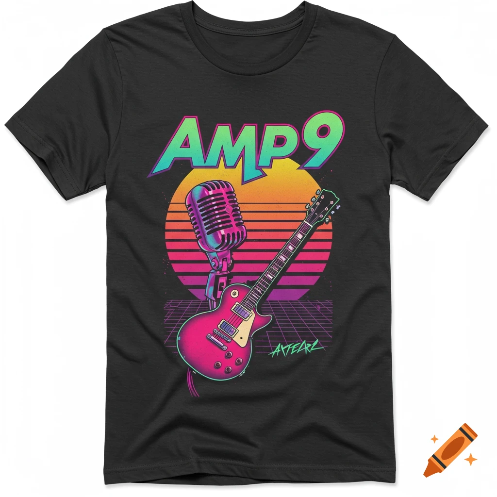 Retro style graphic design on a black t-shirt featuring a microphone, pink electric guitar, and the text "AMP9" in front of a gradient sunset.