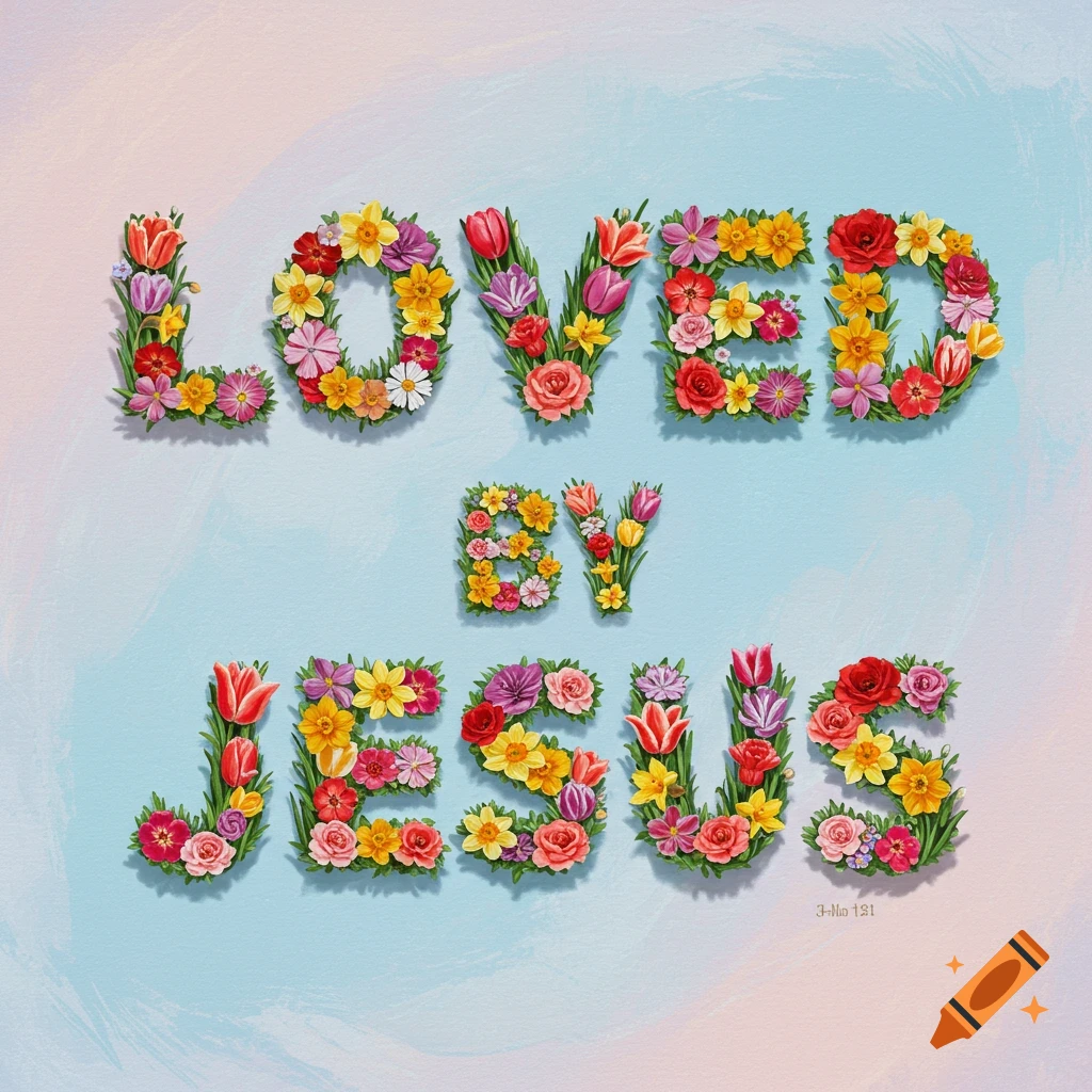The words 'Loved by Jesus' formed by colorful flowers on a pastel background.