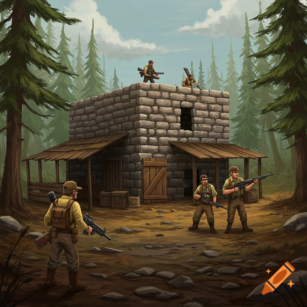 Armed figures defend a stone fort in a forest.