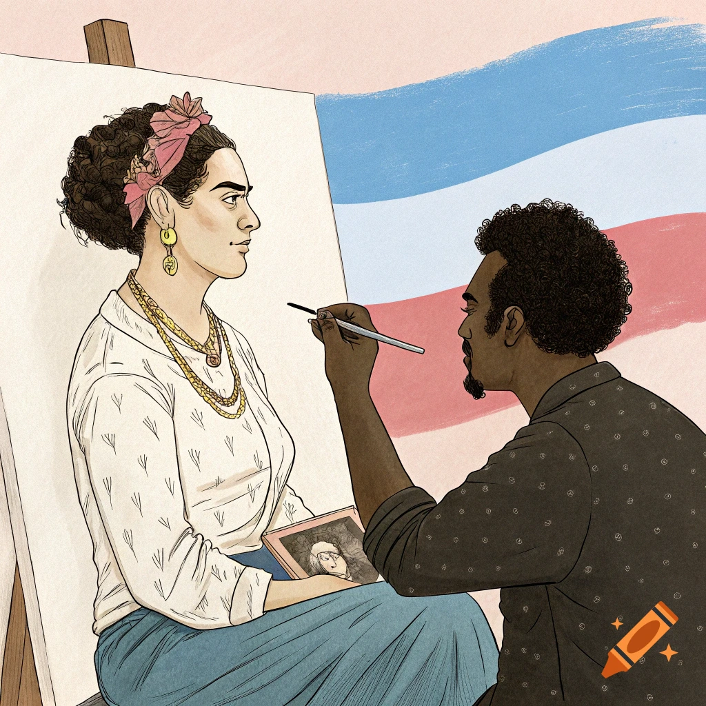 Illustration of Frida Kahlo painting a Black man with curly hair, with a trans flag in the background.
