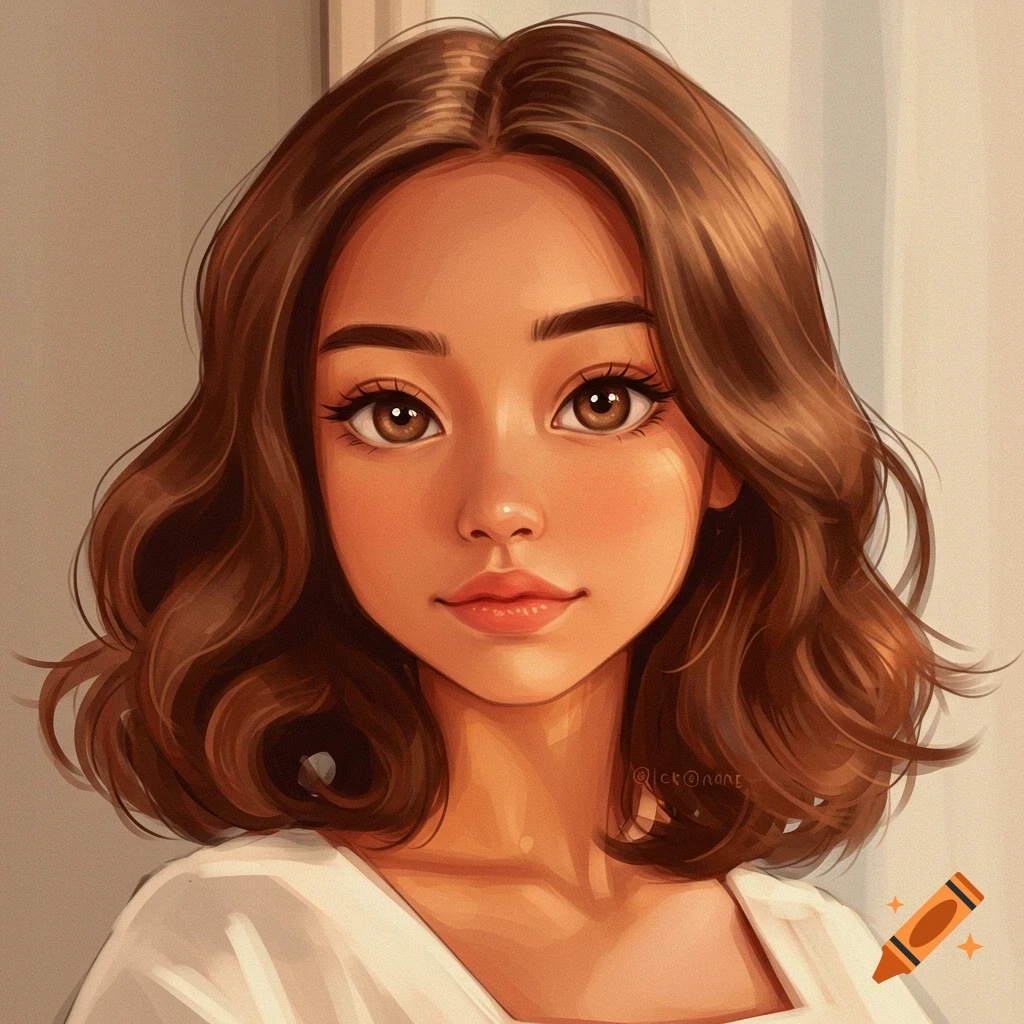 A stylized portrait of a girl with brown wavy hair and light brown eyes wearing a white top.