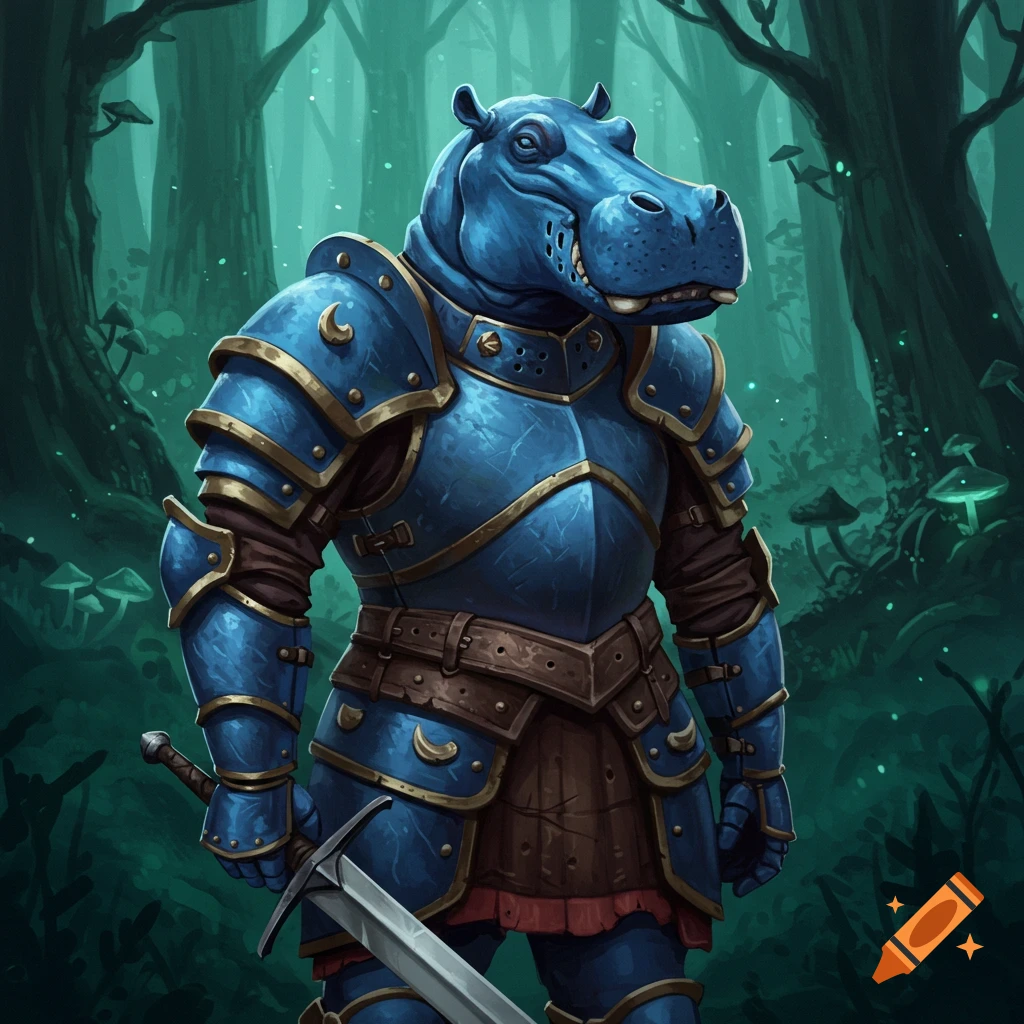 A blue hippopotamus knight in armor holds a sword in a fantasy forest with glowing mushrooms.