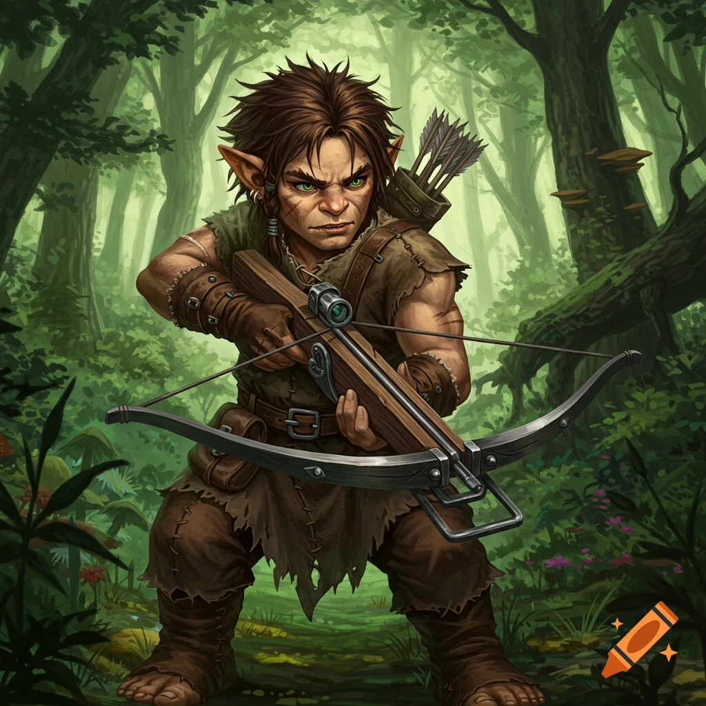 A feral halfling hunts with a crossbow in a forest.
