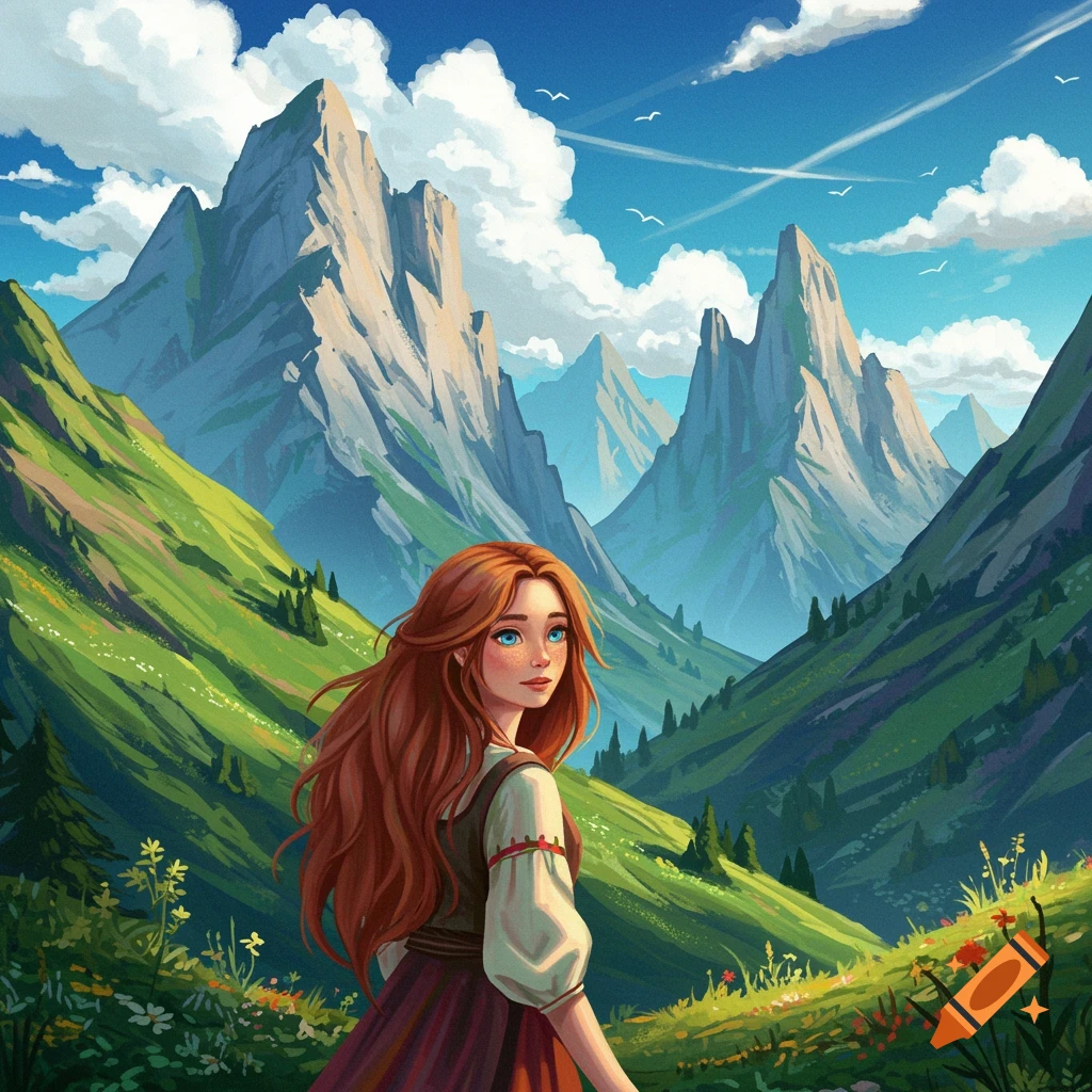 A red-haired girl in a dress is in a mountain valley looking over her shoulder.