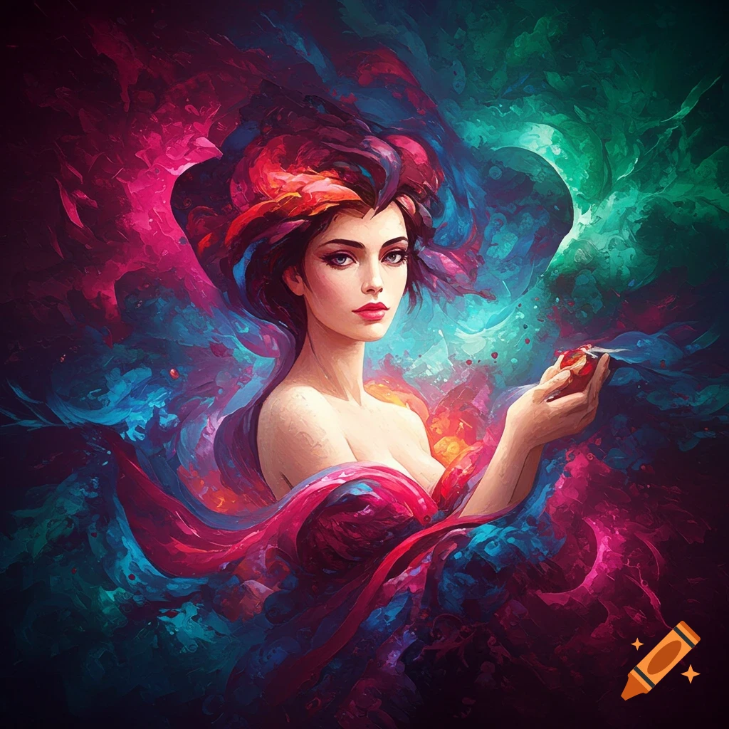 A woman is surrounded by swirling colorful abstract shapes, holding a red object.