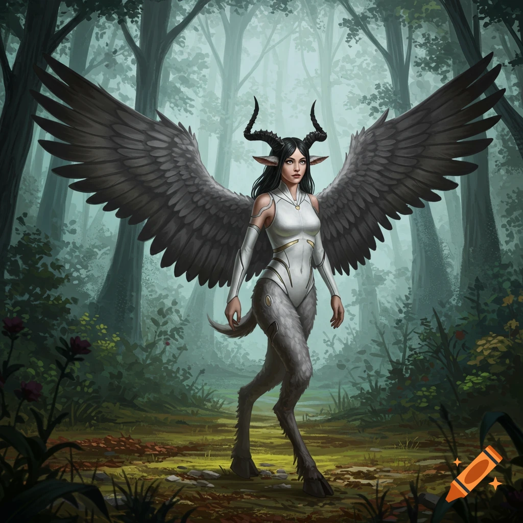 A winged, goat-legged fantasy creature with horns and black hair walks through a forest.