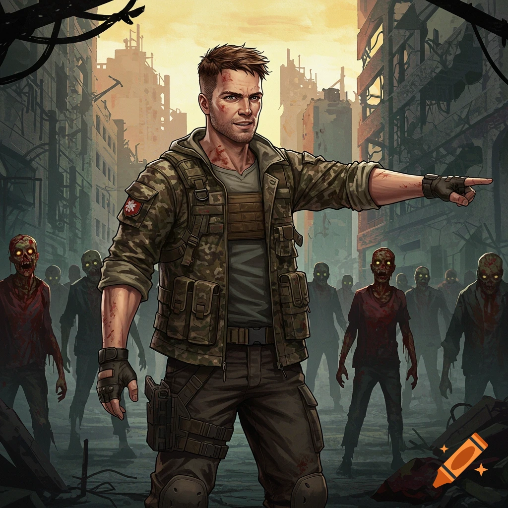 A survivor points, surrounded by zombies in a ruined city.