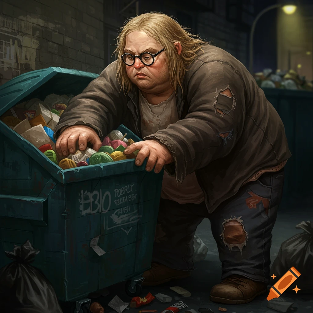 An obese homeless man in glasses searches a dumpster at night.